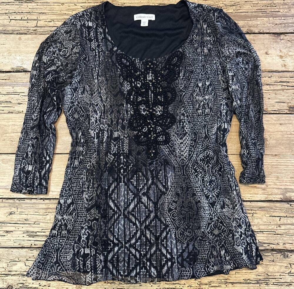 Cold Water Creek Women’s Size M Mesh Black And Gold Pattern Long Sleeve Blouse
